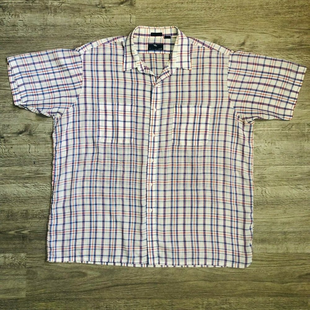 Vintage 90s Steeplechase White Blue Red Plaid S/S Buttondown Casual Shirt Sz 2XL